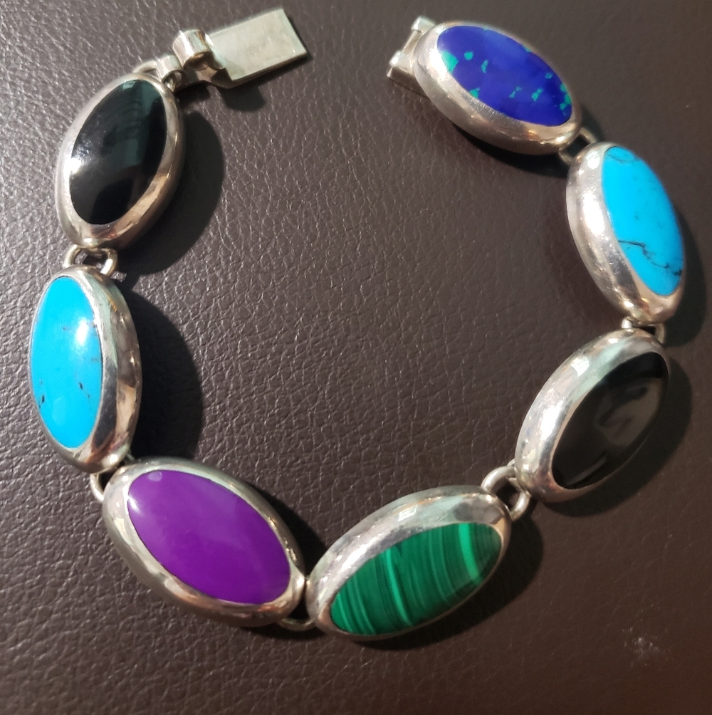 Mixed Stone Bracelet, Taxco, Mexico, Turquoise, Malachite,Onyx, Sterling 925